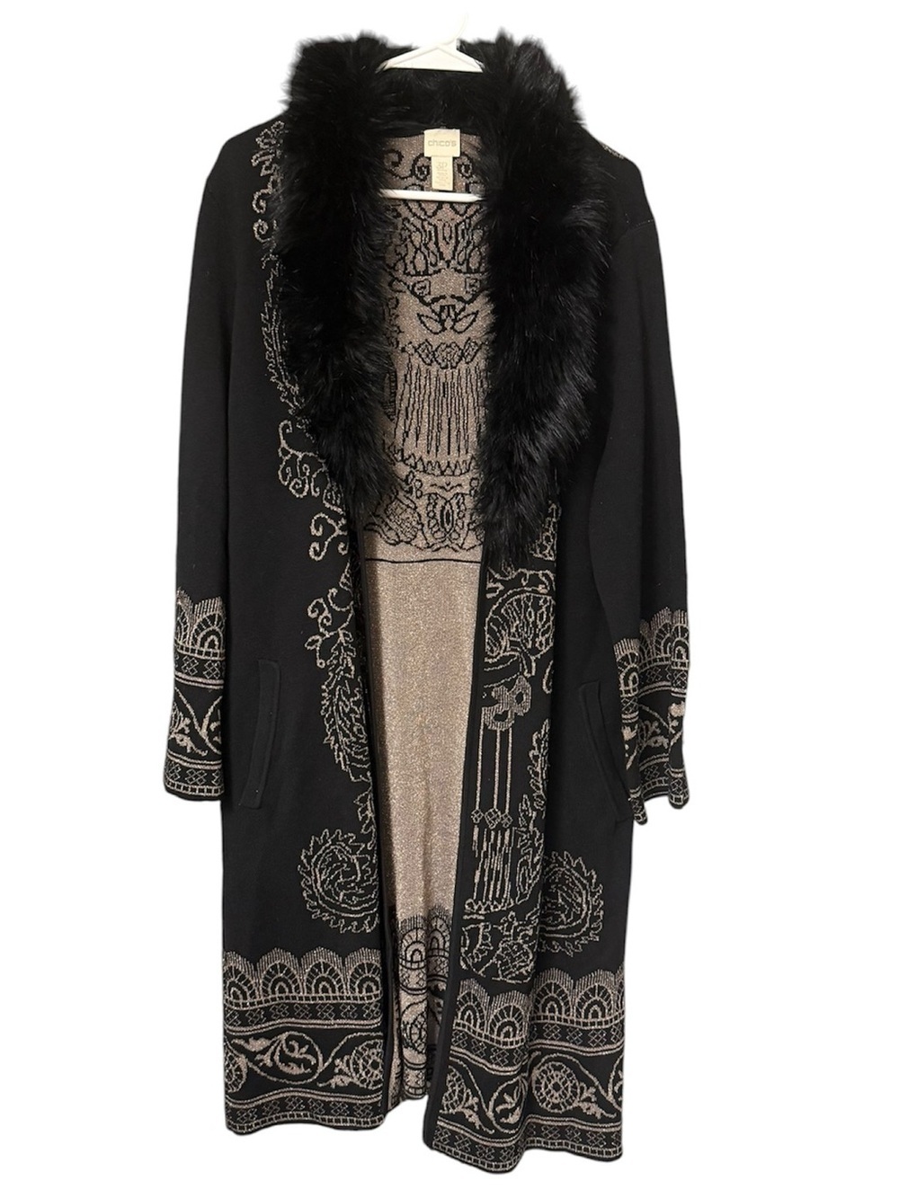 Chico's Size 3 Black Coatigan lurex duster Gold Metallic Pattern Faux Fur Collar